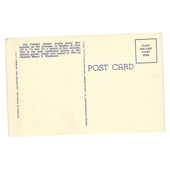 Vintage Postcard Of Old Faithful Geyser Yellowstone National Park Linen Tourism - Picture 2 of 2